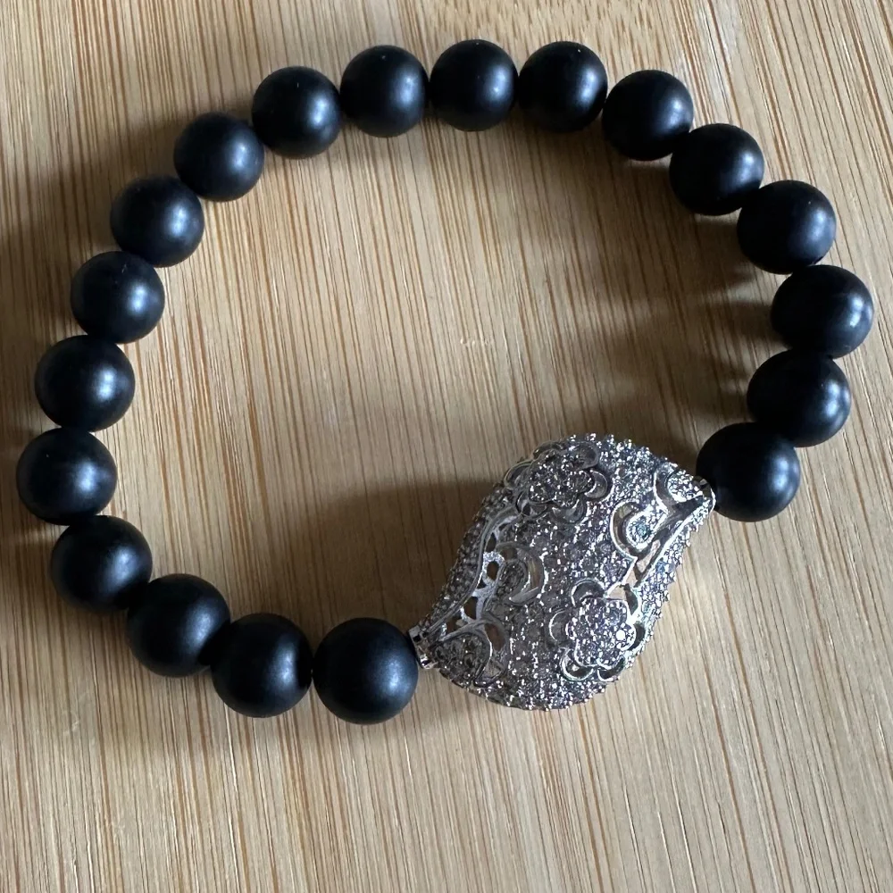 Matte 8mm Onyx Stretch Bracelet w/ Silver Pave Crystal Filigree Spacer